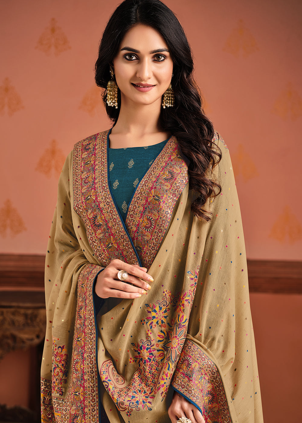 Buy Now Teal & Beige Silk Jacquard Sangeet Wear Pant Style Salwar Suit Online in USA, UK, Canada & Worldwide at Empress Clothing.