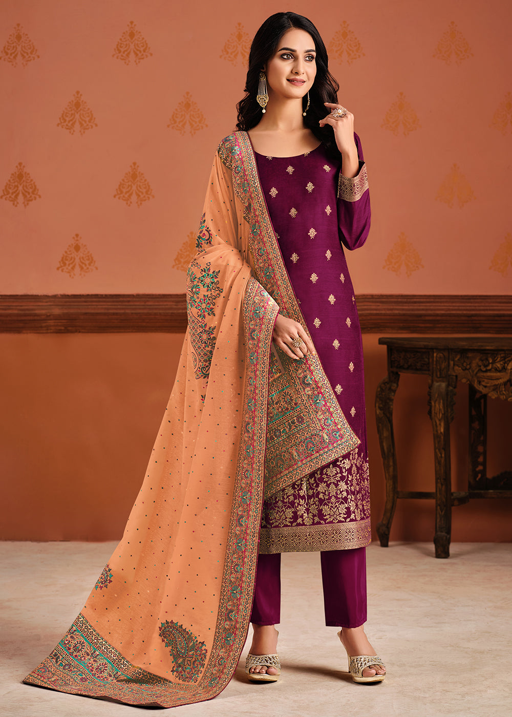 Buy Now Purple & Peach Silk Jacquard Sangeet Wear Pant Style Salwar Suit Online in USA, UK, Canada & Worldwide at Empress Clothing.