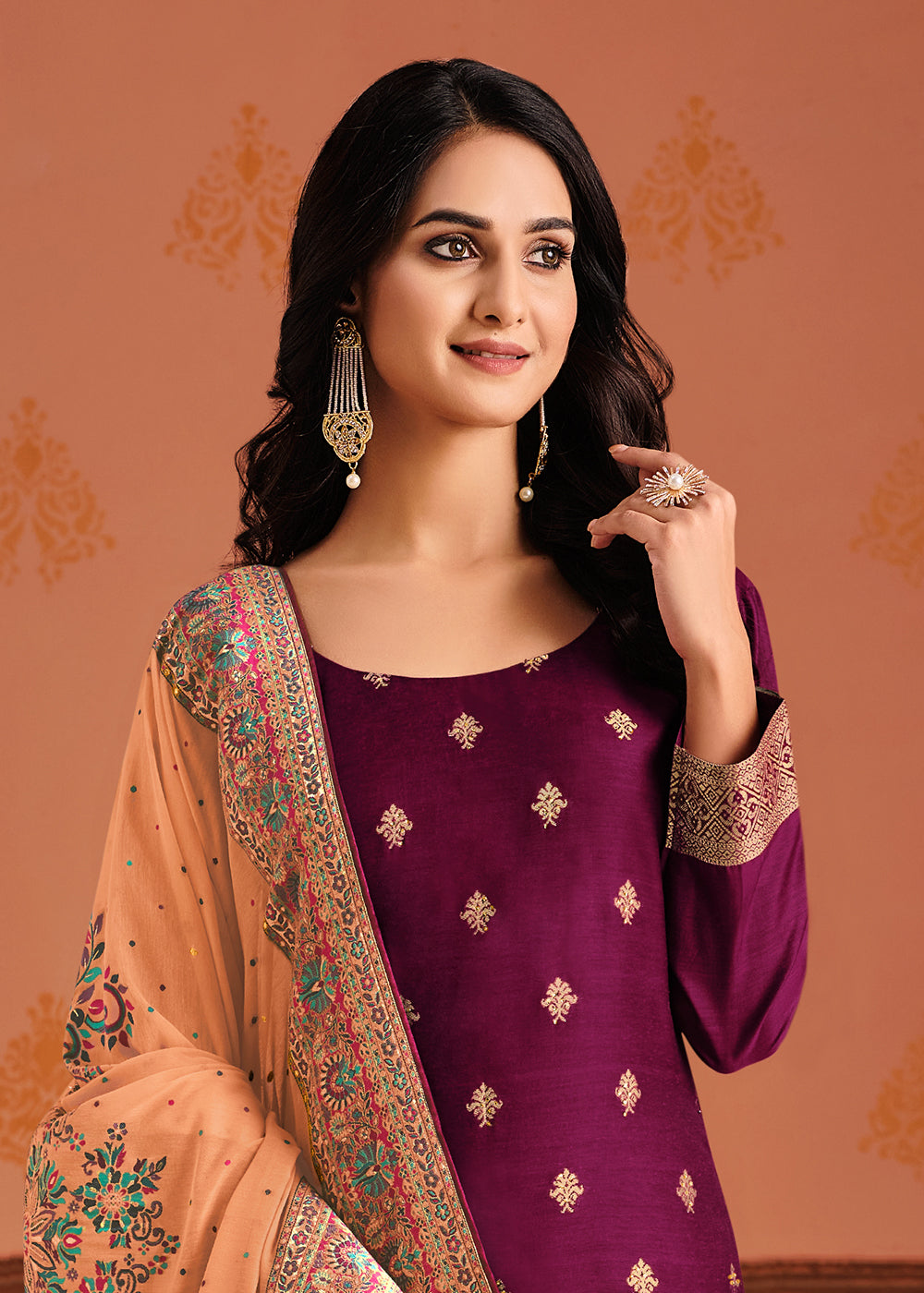 Buy Now Purple & Peach Silk Jacquard Sangeet Wear Pant Style Salwar Suit Online in USA, UK, Canada & Worldwide at Empress Clothing.