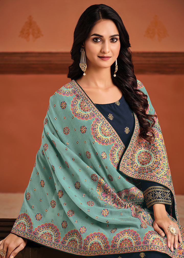 Buy Now Blue & Aqua Silk Jacquard Sangeet Wear Pant Style Salwar Suit Online in USA, UK, Canada & Worldwide at Empress Clothing.