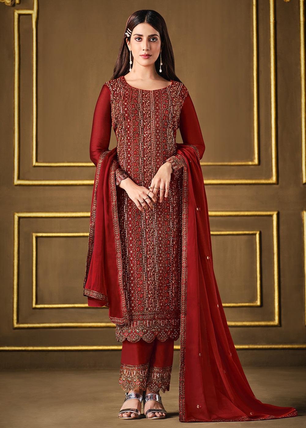 Buy Luxurious Red Two Tone Georgette Suit - Party Wear Salwar Suit