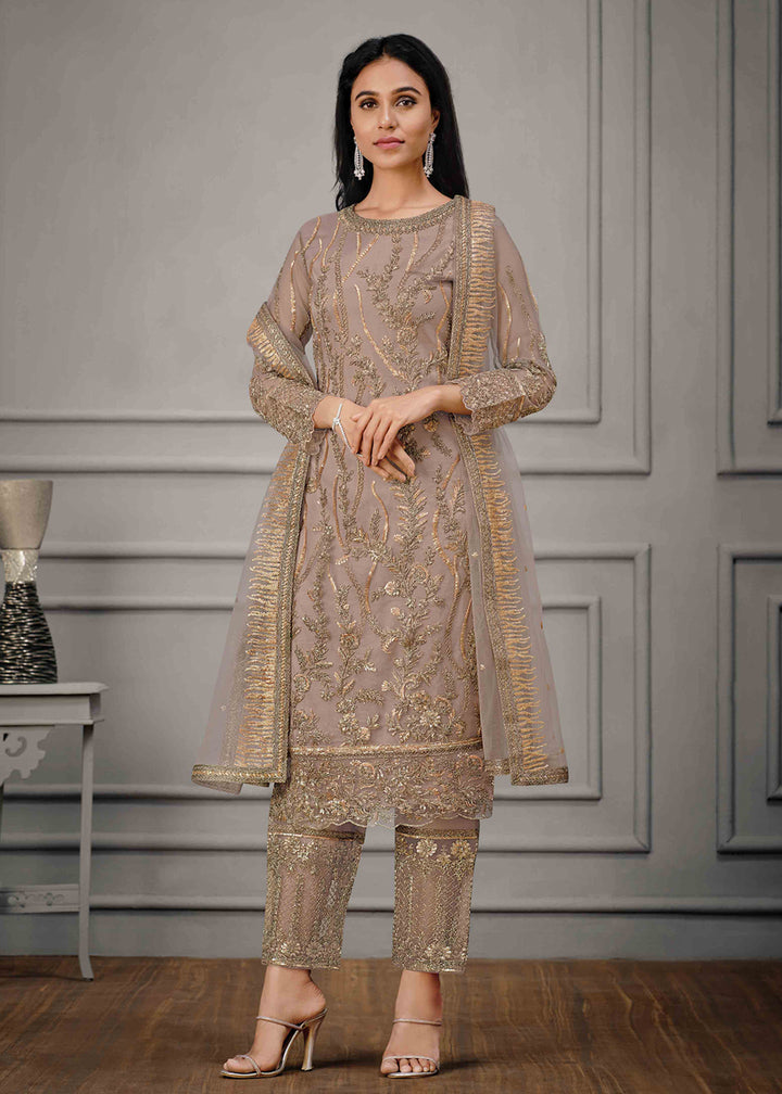 Buy Mauve Beige Wedding Wear Salwar Suit - Net Embroidered Salwar Suit