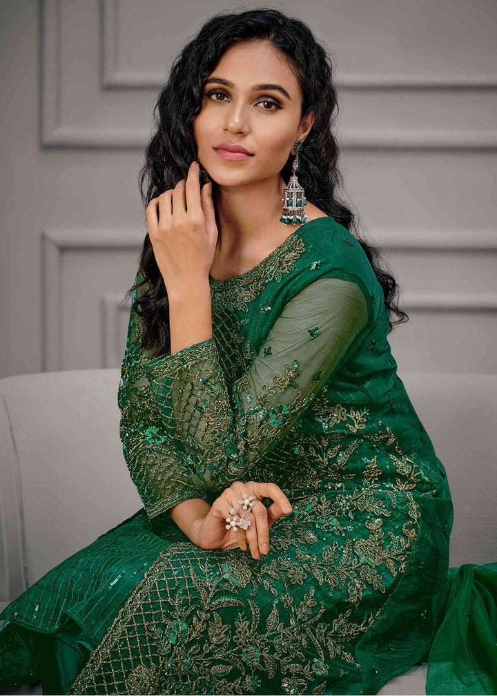 Buy Dark Green Wedding Wear Suit - Net Slit Style Salwar Suit