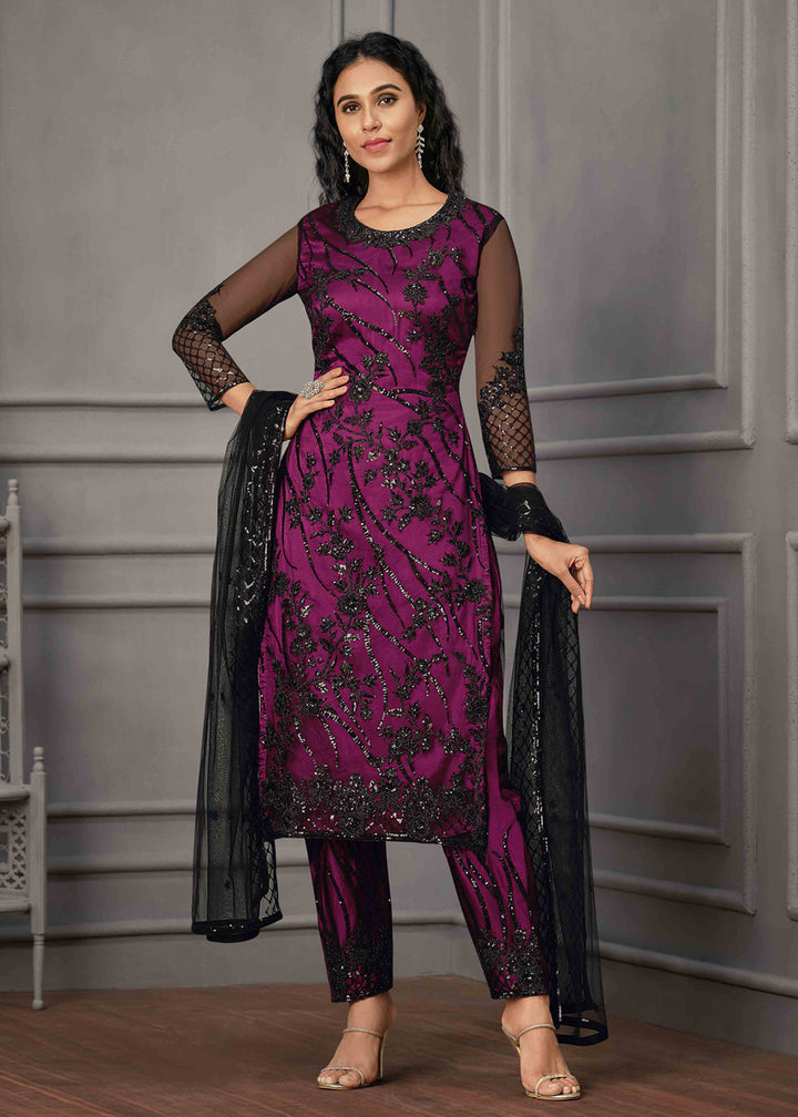 Buy Magenta Pink Wedding Wear Suit - Net Embroidered Salwar Suit