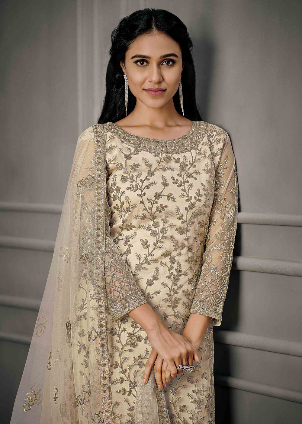 Buy Adorable Cream Wedding Wear Suit - Net Embroidered Salwar Suit