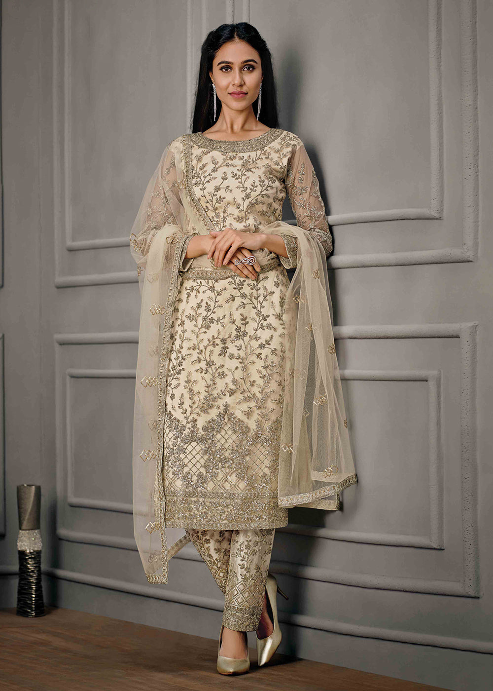Buy Adorable Cream Wedding Wear Suit - Net Embroidered Salwar Suit