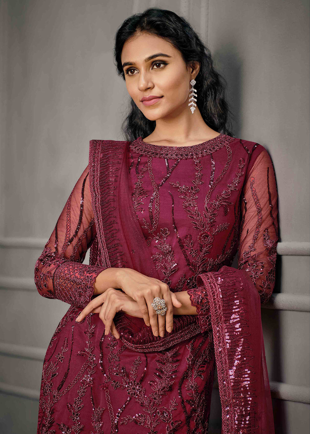 Buy Pinkish Maroon Wedding Wear Suit - Net Embroidered Salwar Suit
