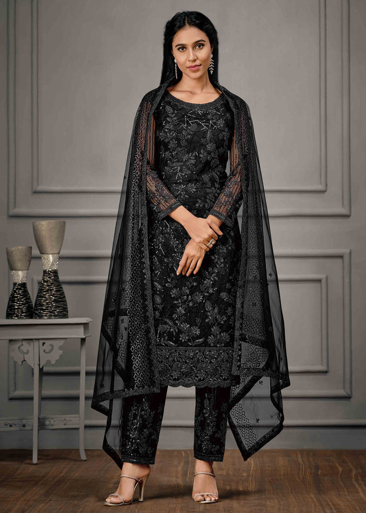 Buy Tempting Black Wedding Wear Suit - Net Embroidered Salwar Suit