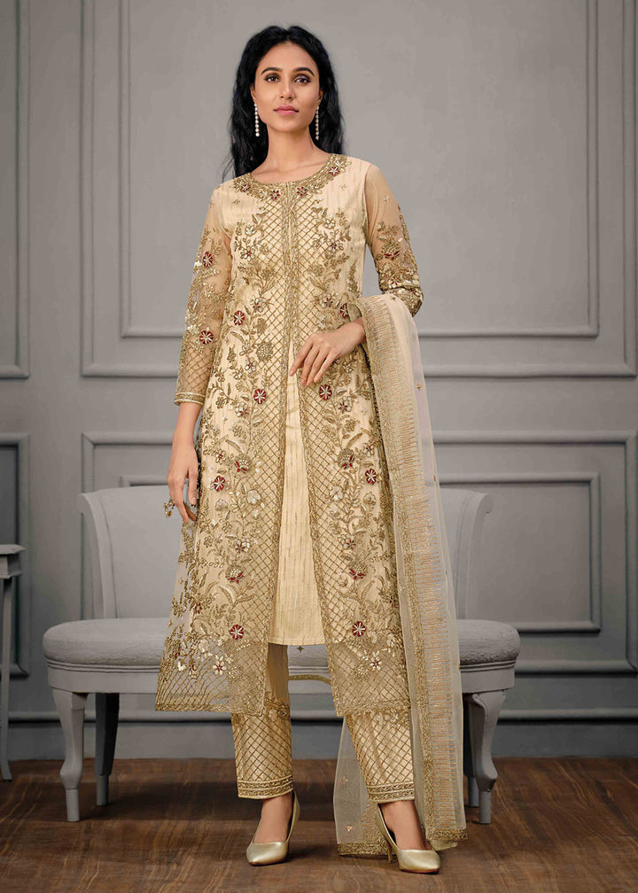 Buy Beige Cream Wedding Wear Suit - Net Slit Style Salwar Suit