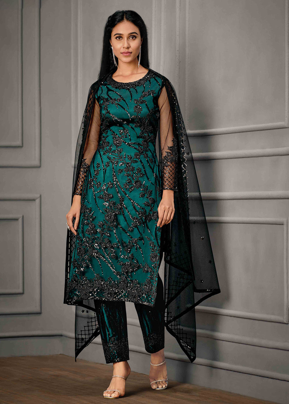Buy Teal Green Wedding Wear Suit - Net Embroidered Salwar Suit