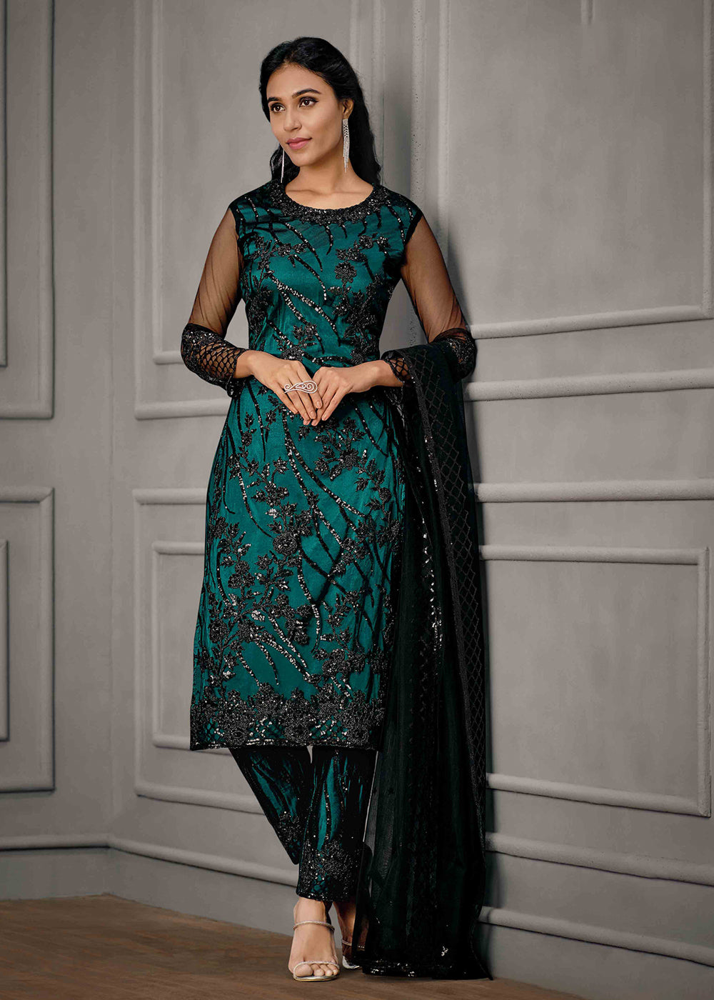 Buy Teal Green Wedding Wear Suit - Net Embroidered Salwar Suit