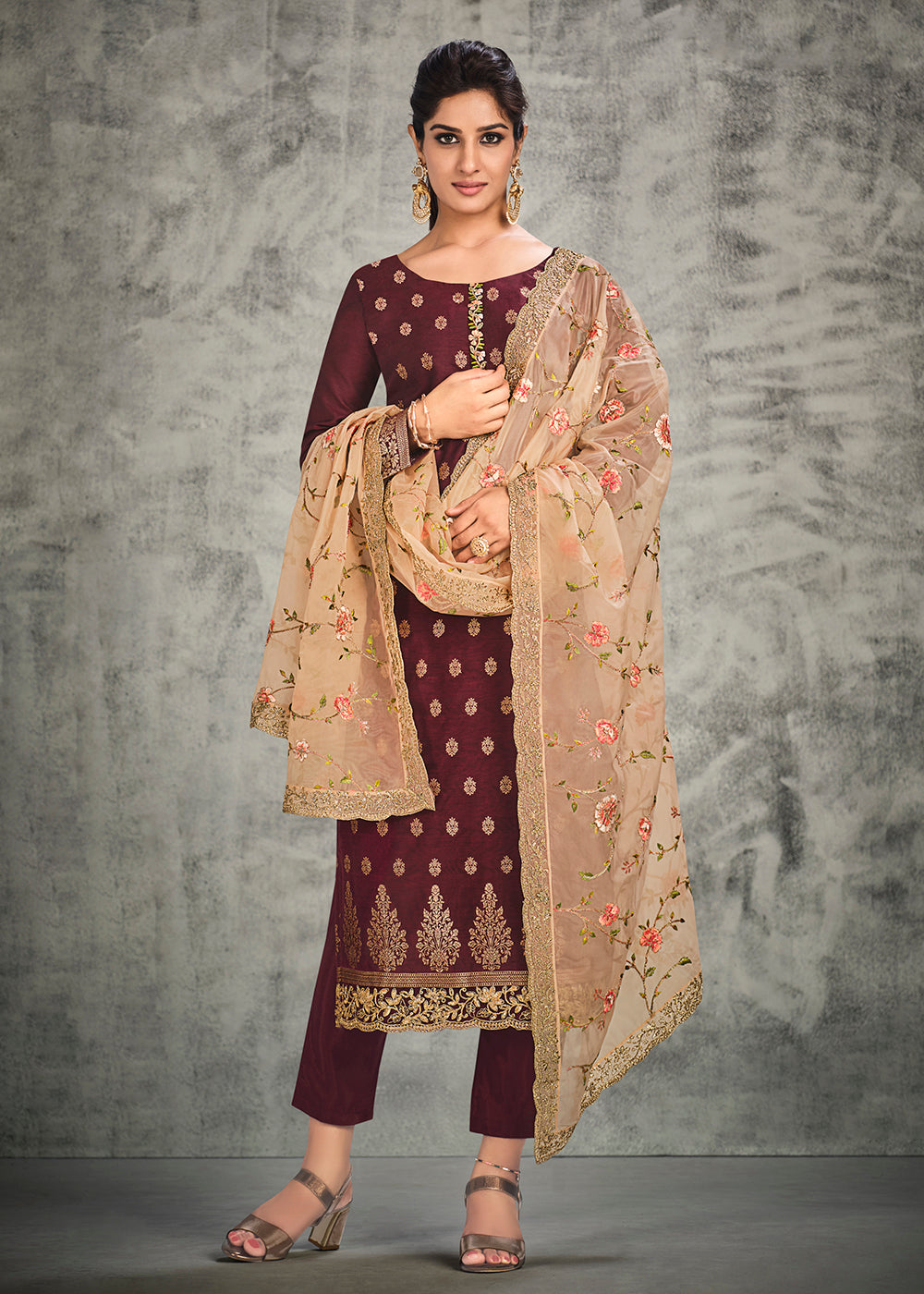 Buy Now Jacquard Silk Adorning Maroon Pakistani Style Suit Online in USA, UK, Canada & Worldwide at Empress Clothing. 