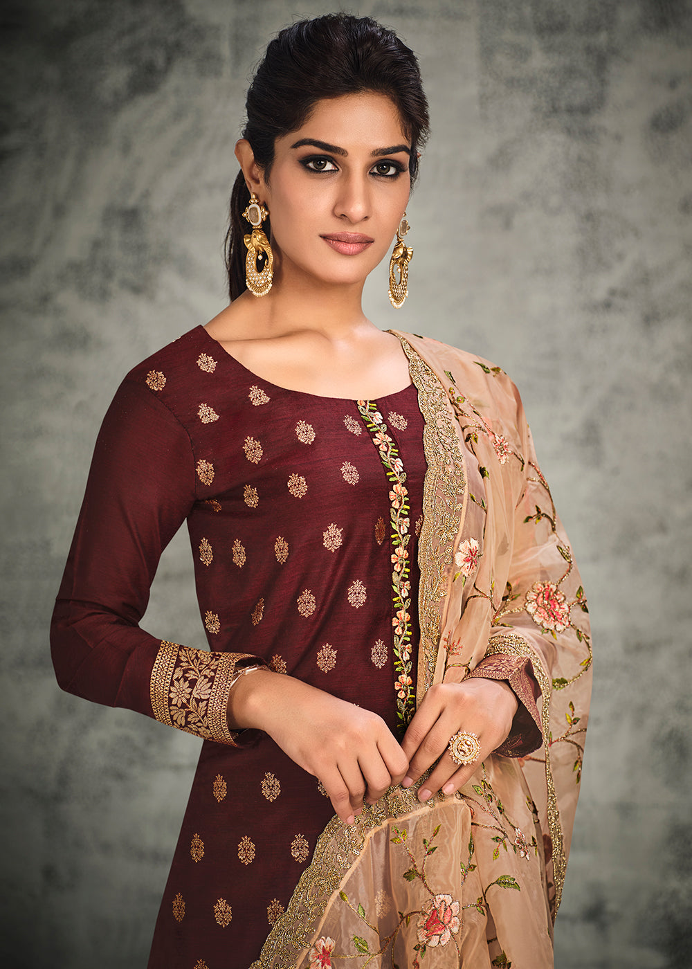 Buy Now Jacquard Silk Adorning Maroon Pakistani Style Suit Online in USA, UK, Canada & Worldwide at Empress Clothing. 