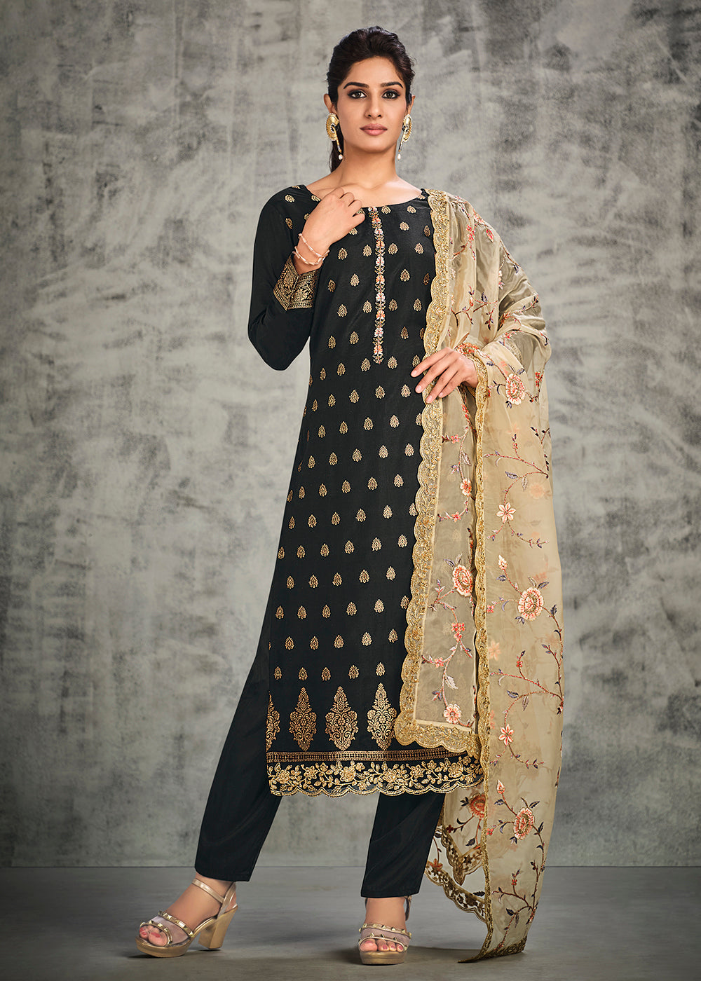 Buy Now Jacquard Silk Adorning Black Pakistani Style Suit Online in USA, UK, Canada & Worldwide at Empress Clothing.