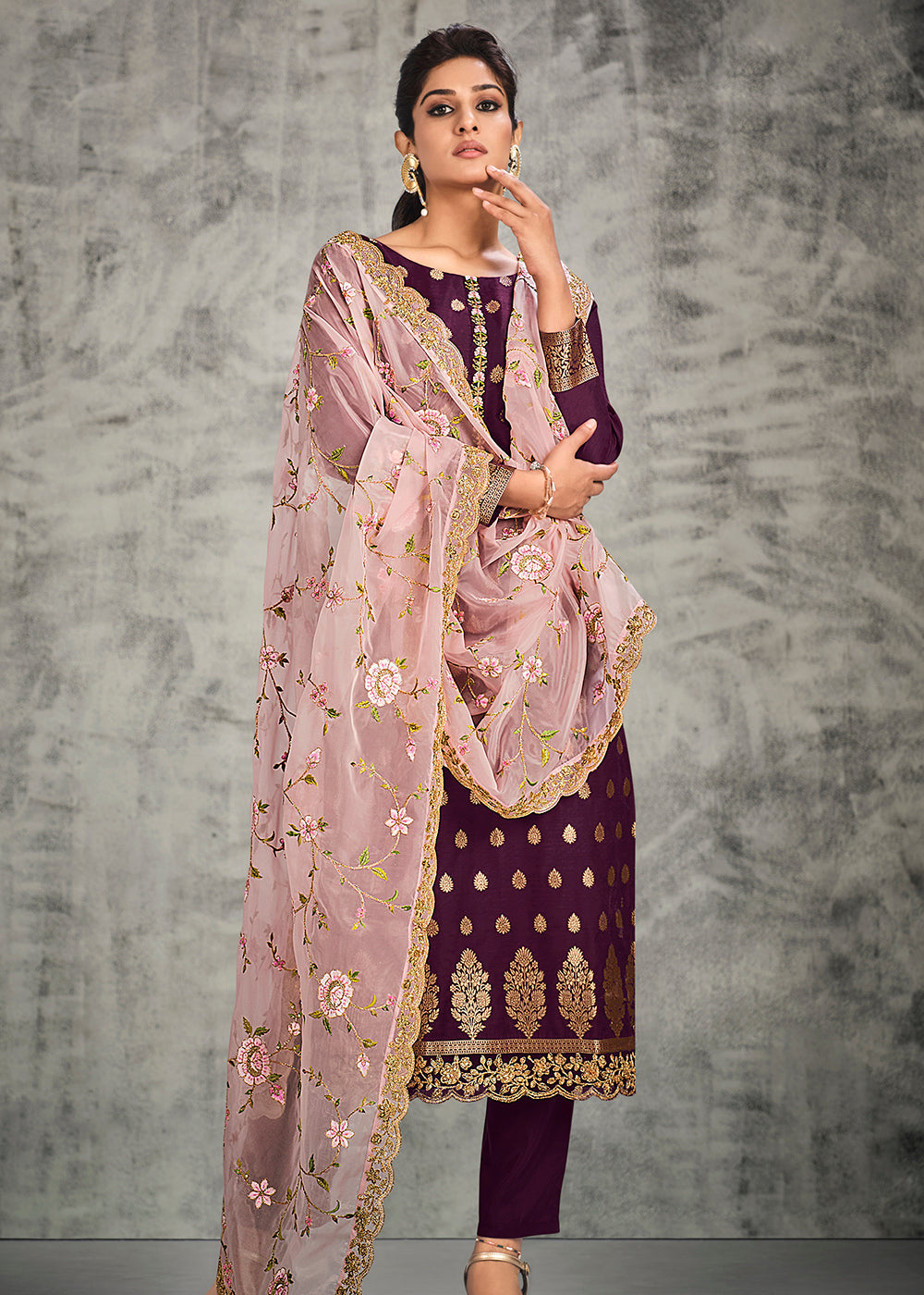 Buy Now Jacquard Silk Adorning Purple Pakistani Style Suit Online in USA, UK, Canada & Worldwide at Empress Clothing.
