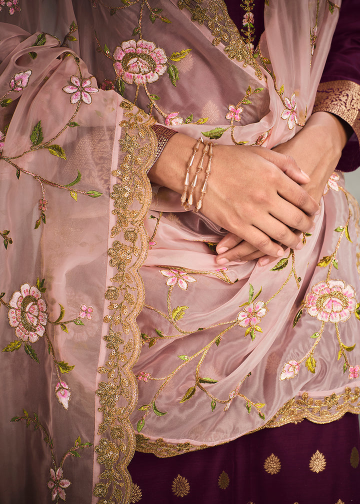 Buy Now Jacquard Silk Adorning Purple Pakistani Style Suit Online in USA, UK, Canada & Worldwide at Empress Clothing.
