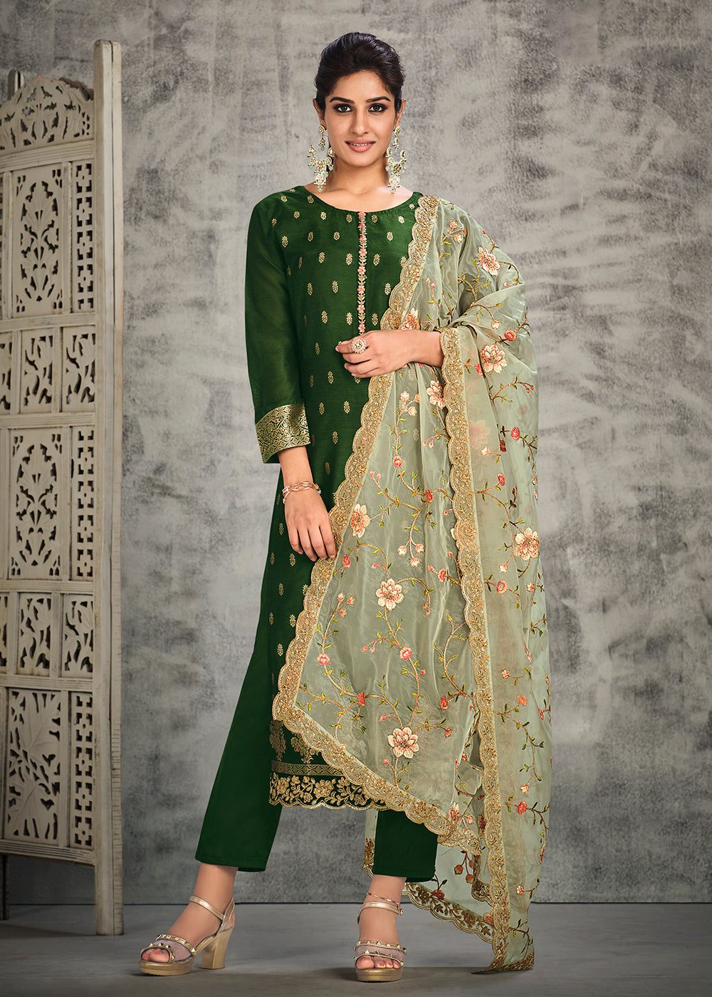 Buy Now Jacquard Silk Adorning Green Pakistani Style Suit Online in USA, UK, Canada & Worldwide at Empress Clothing.