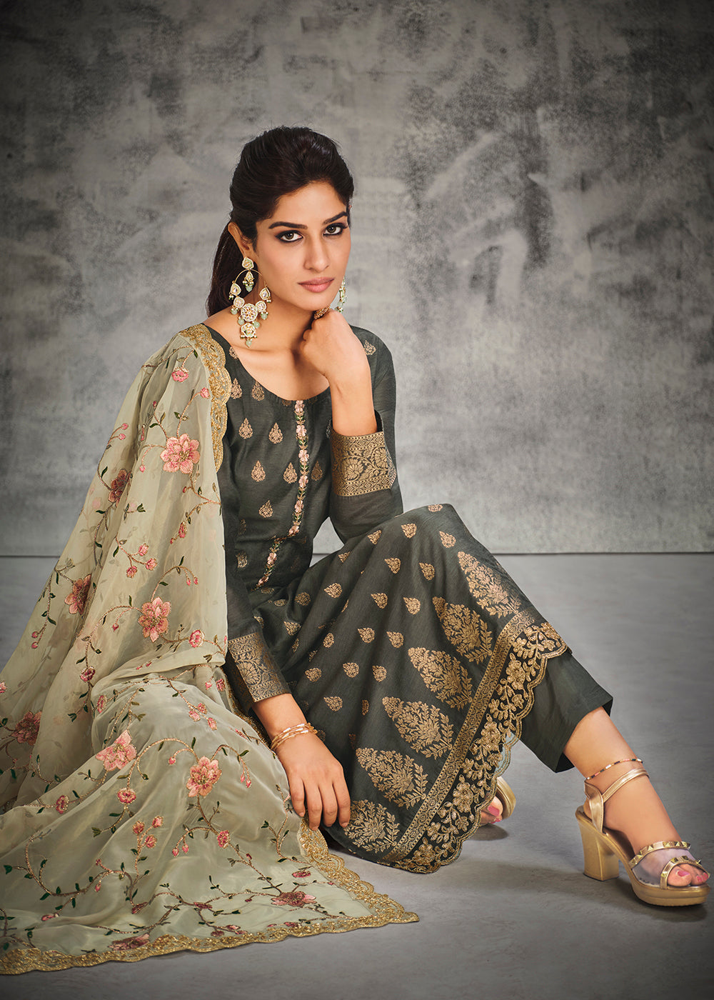 Buy Now Jacquard Silk Adorning Grey Pakistani Style Suit Online in USA, UK, Canada & Worldwide at Empress Clothing.
