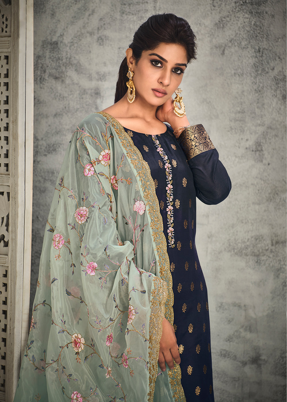 Buy Now Jacquard Silk Adorning Blue Pakistani Style Suit Online in USA, UK, Canada & Worldwide at Empress Clothing.