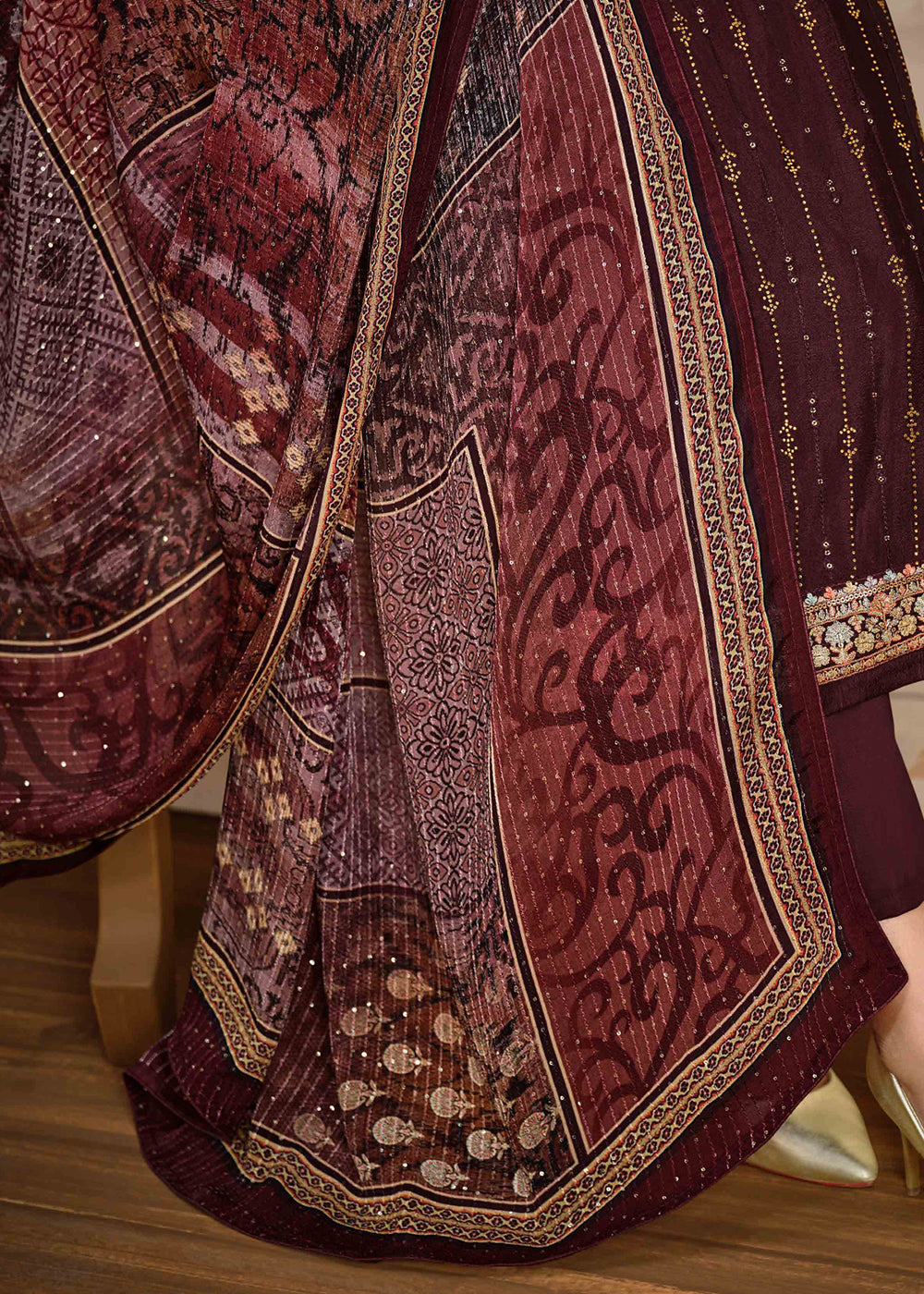 Buy Wine Chinnon Pant Style Suit - Wedding Ceremony Salwar Suit