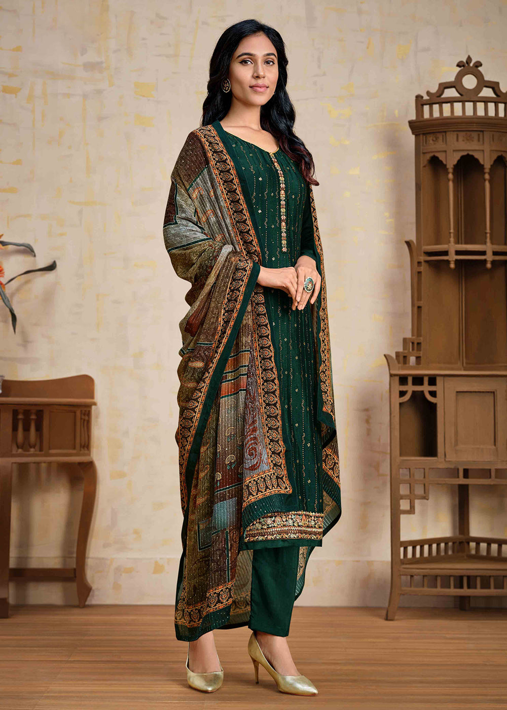 Buy Green Chinnon Pant Style Suit - Wedding Ceremony Salwar Suit