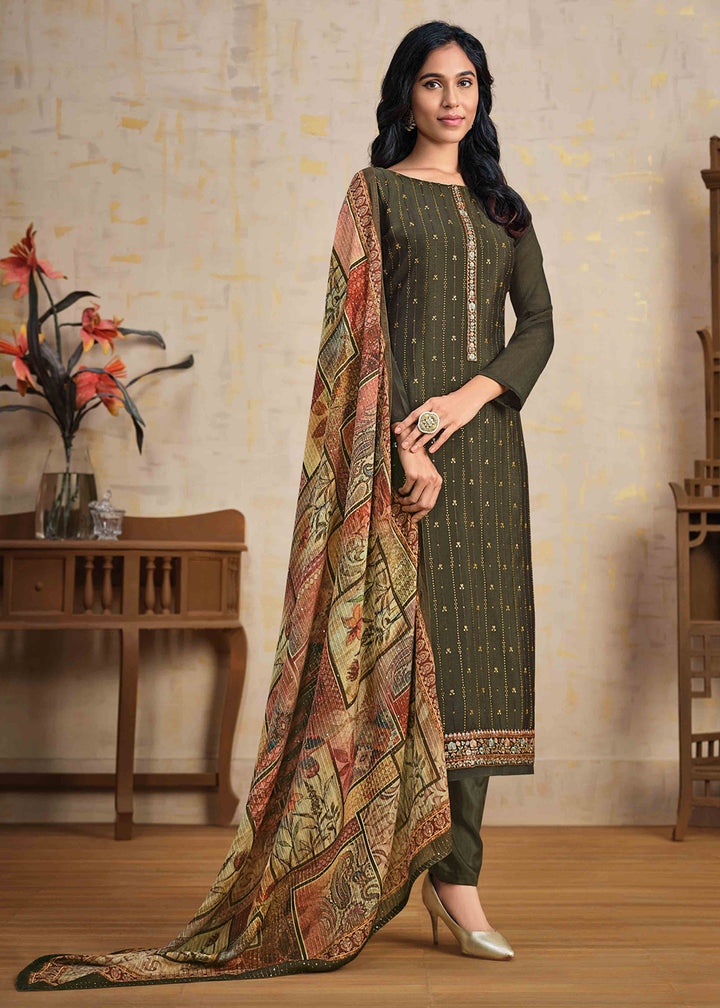 Buy Olive Green Chinnon Pant Style Suit - Wedding Ceremony Salwar Suit