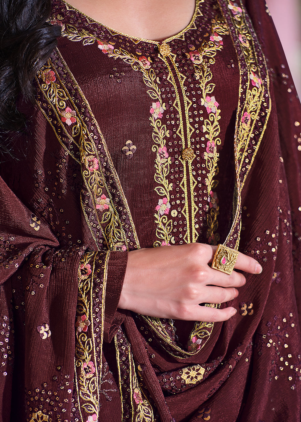 Buy Now Brownish Maroon Pakistani Pant Style Chinon Salwar Suit Online in USA, UK, Canada, Germany & Worldwide at Empress Clothing.