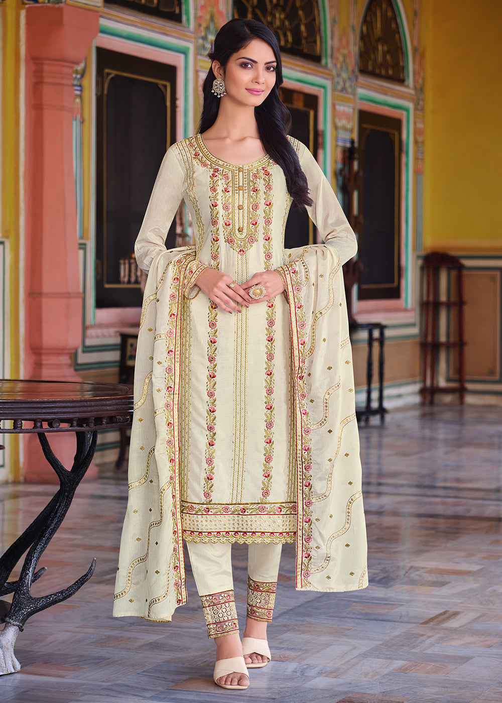 Buy Now Off White Pakistani Pant Style Chinon Salwar Suit Online in USA, UK, Canada, Germany & Worldwide at Empress Clothing.