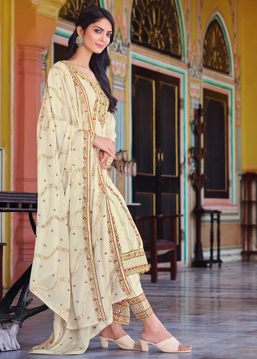 Buy Now Off White Pakistani Pant Style Chinon Salwar Suit Online in USA, UK, Canada, Germany & Worldwide at Empress Clothing.