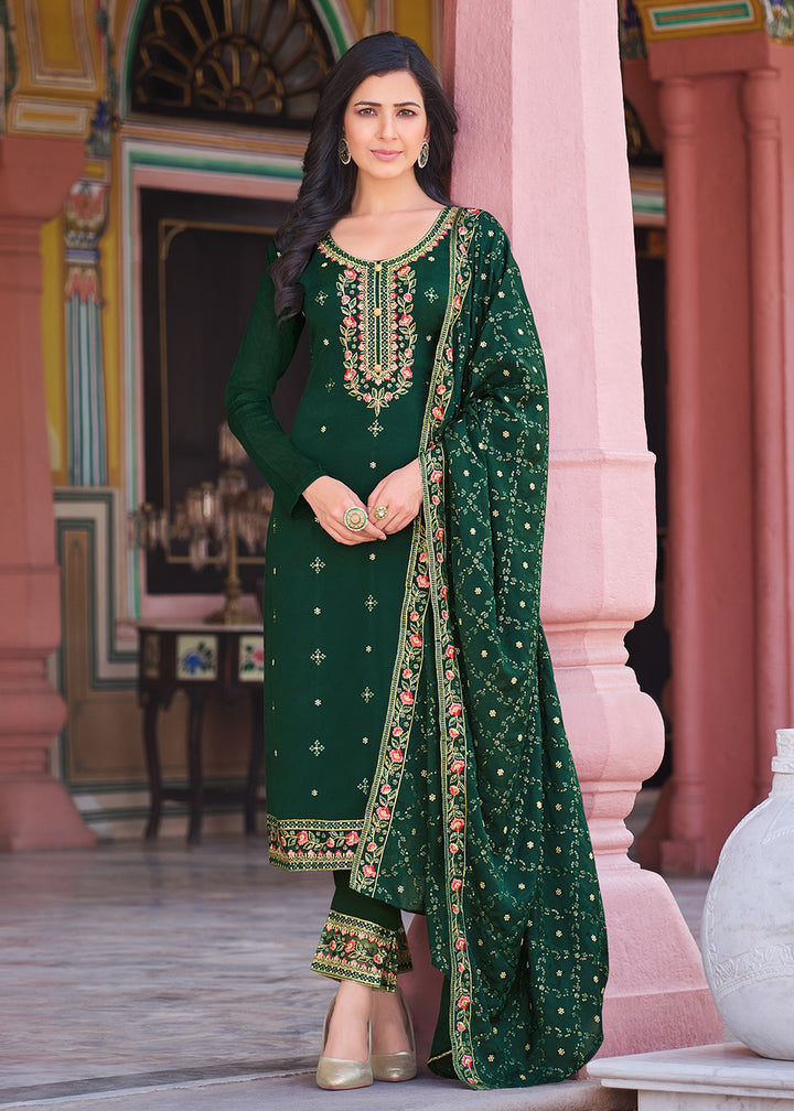 Buy Now Forest Green Pakistani Pant Style Chinon Salwar Suit Online in USA, UK, Canada, Germany & Worldwide at Empress Clothing.