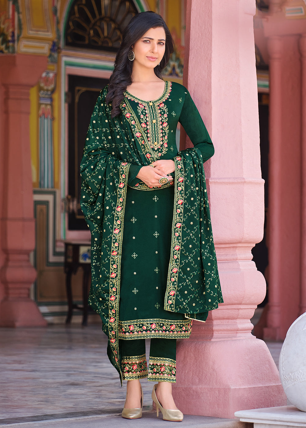 Buy Now Forest Green Pakistani Pant Style Chinon Salwar Suit Online in USA, UK, Canada, Germany & Worldwide at Empress Clothing.