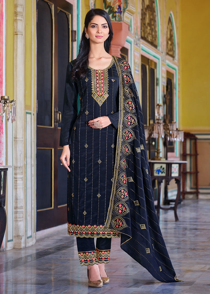 Buy Now Navy Blue Pakistani Pant Style Chinon Salwar Suit Online in USA, UK, Canada, Germany & Worldwide at Empress Clothing.
