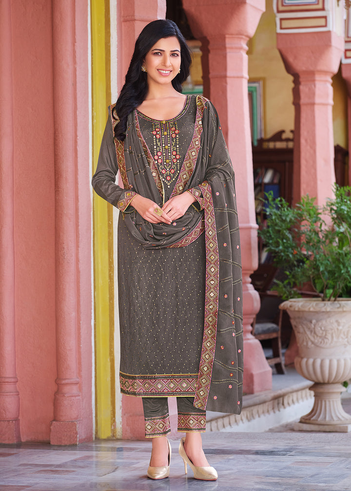 Buy Now Shade Grey Pakistani Pant Style Chinon Salwar Suit Online in USA, UK, Canada, Germany & Worldwide at Empress Clothing.