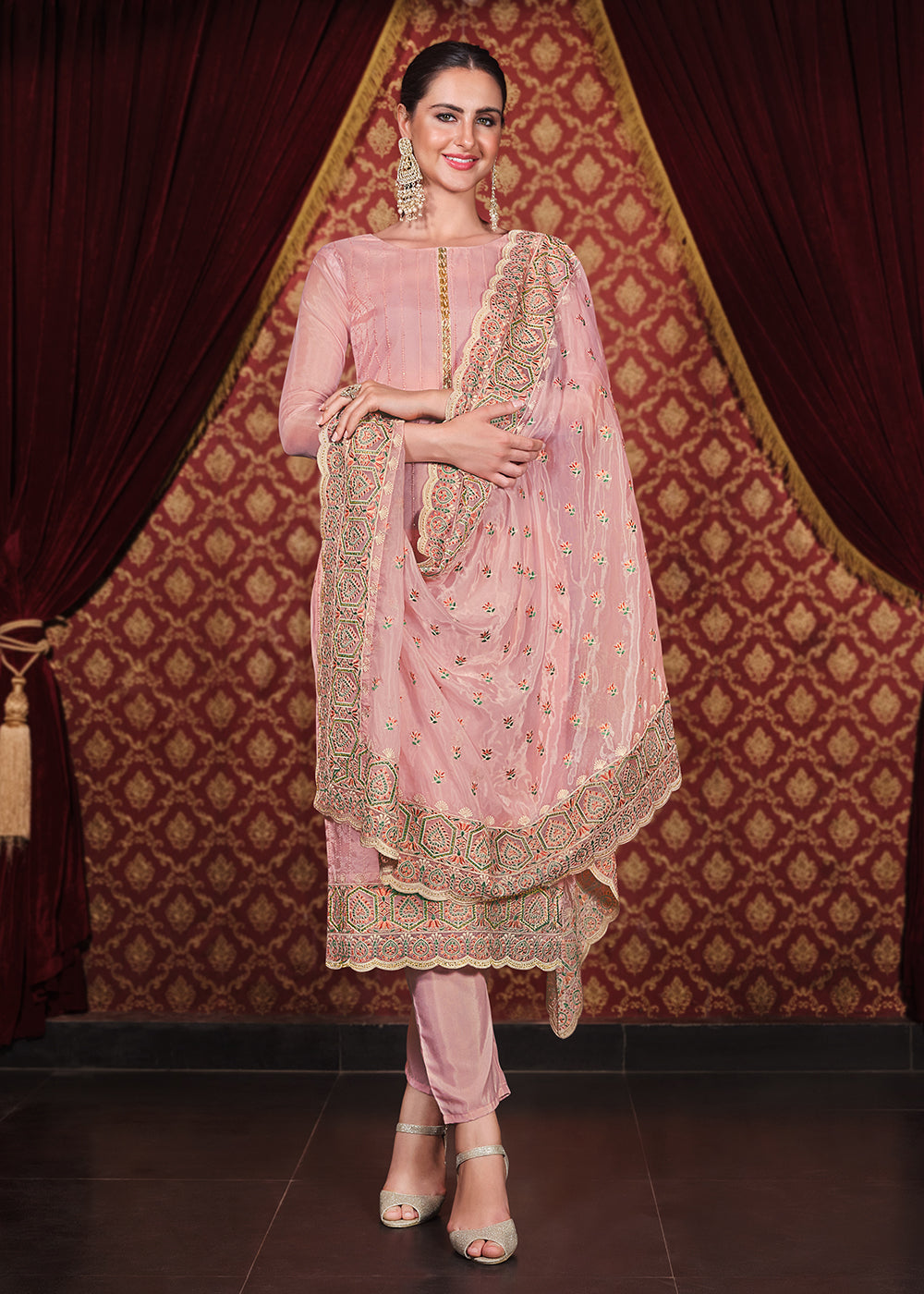 Buy Now Soft Organza Silk Pink Embroidered Pant Style Suit Online in USA, UK, Canada, Germany & Worldwide at Empress Clothing.