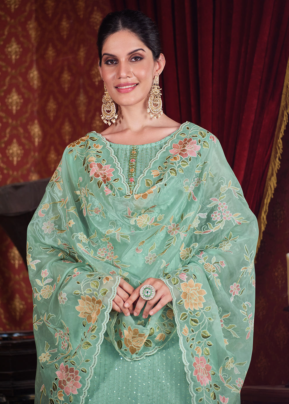 Buy Now Soft Organza Silk Turquoise Embroidered Pant Style Suit Online in USA, UK, Canada, Germany & Worldwide at Empress Clothing.