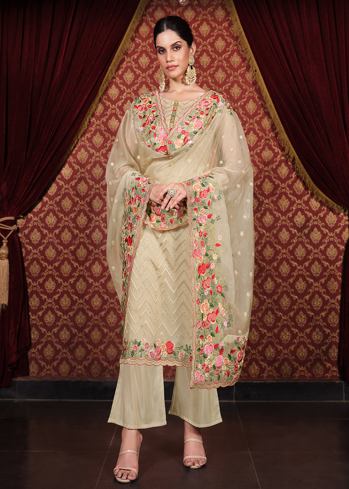 Buy Now Soft Organza Silk Beige Embroidered Pant Style Suit Online in USA, UK, Canada, Germany & Worldwide at Empress Clothing. 