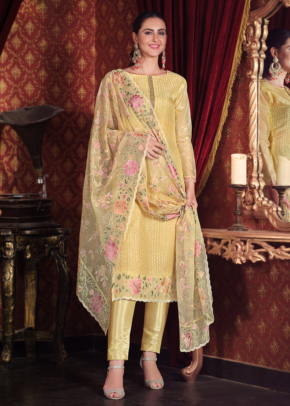 Buy Now Soft Organza Silk Yellow Embroidered Pant Style Suit Online in USA, UK, Canada, Germany & Worldwide at Empress Clothing. 