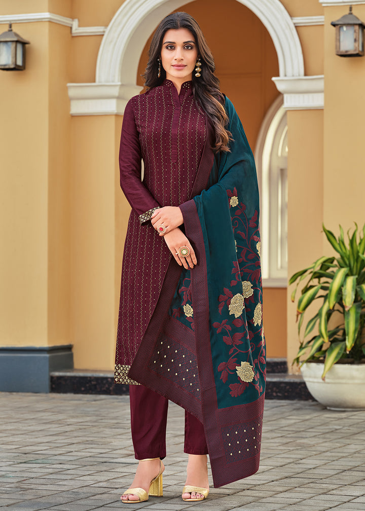 Buy Now Swarovski Embroidered Brownish Maroon Pant Salwar Suit Online in USA, UK, Canada & Worldwide at Empress Clothing.