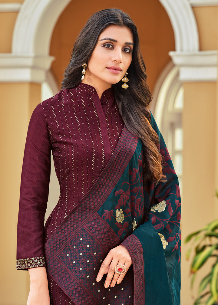 Buy Now Swarovski Embroidered Brownish Maroon Pant Salwar Suit Online in USA, UK, Canada & Worldwide at Empress Clothing.