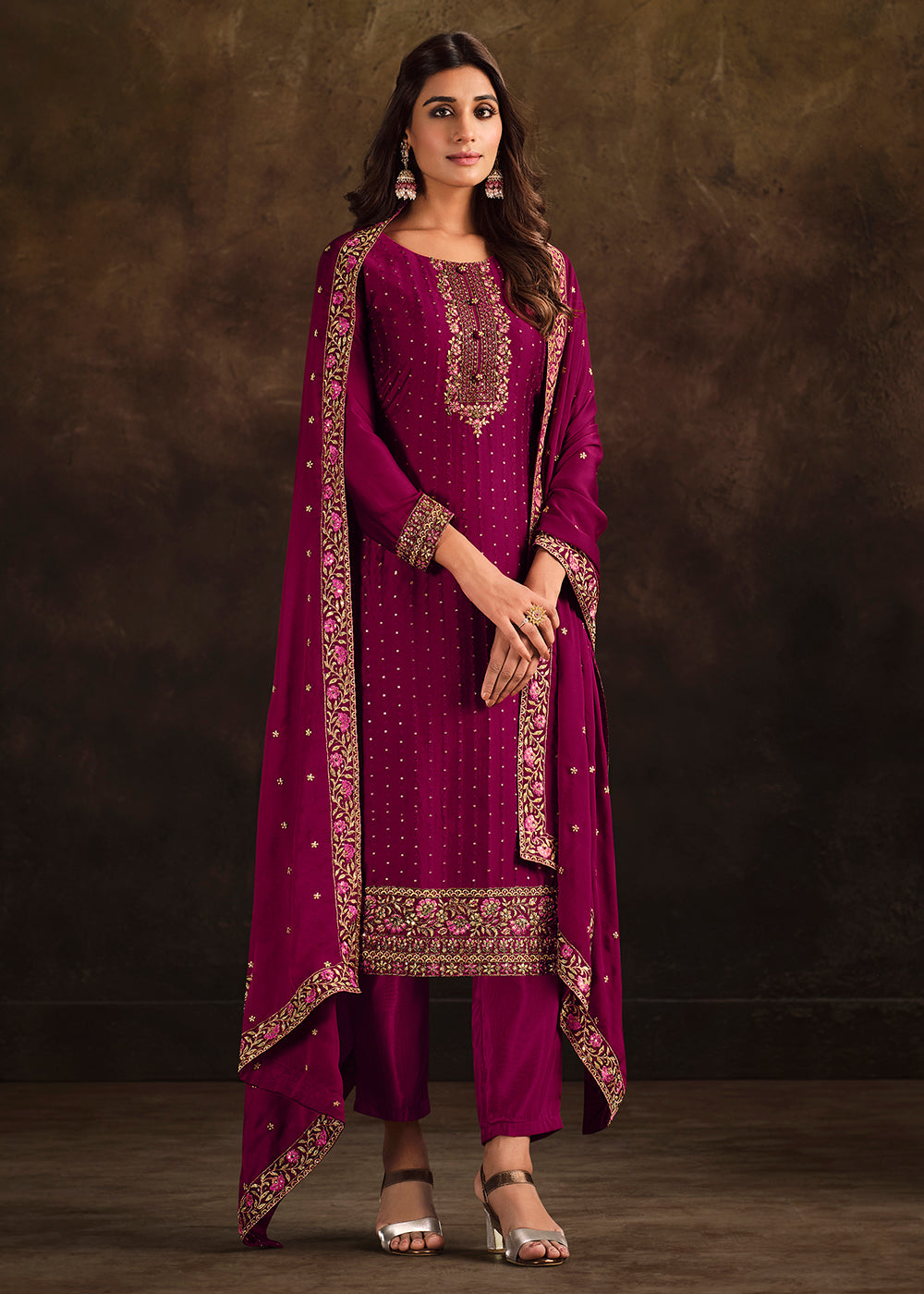 Buy Now Fancy Georgette Elegant Magenta Pakistani Style Salwar Suit Online in USA, UK, Canada, Germany, Australia & Worldwide at Empress Clothing.