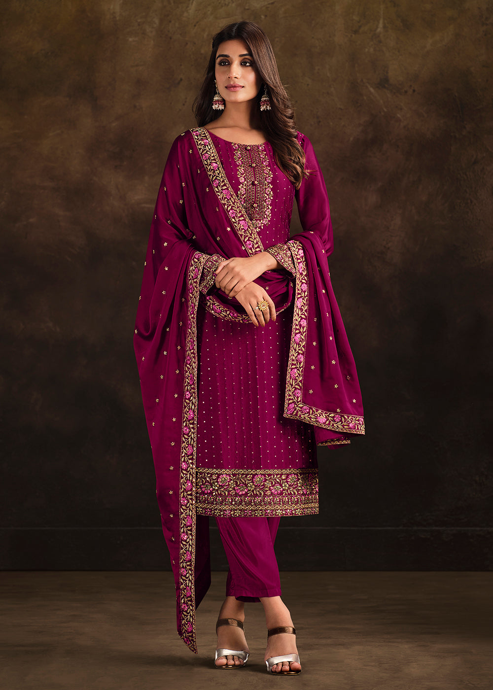 Buy Now Fancy Georgette Elegant Magenta Pakistani Style Salwar Suit Online in USA, UK, Canada, Germany, Australia & Worldwide at Empress Clothing.