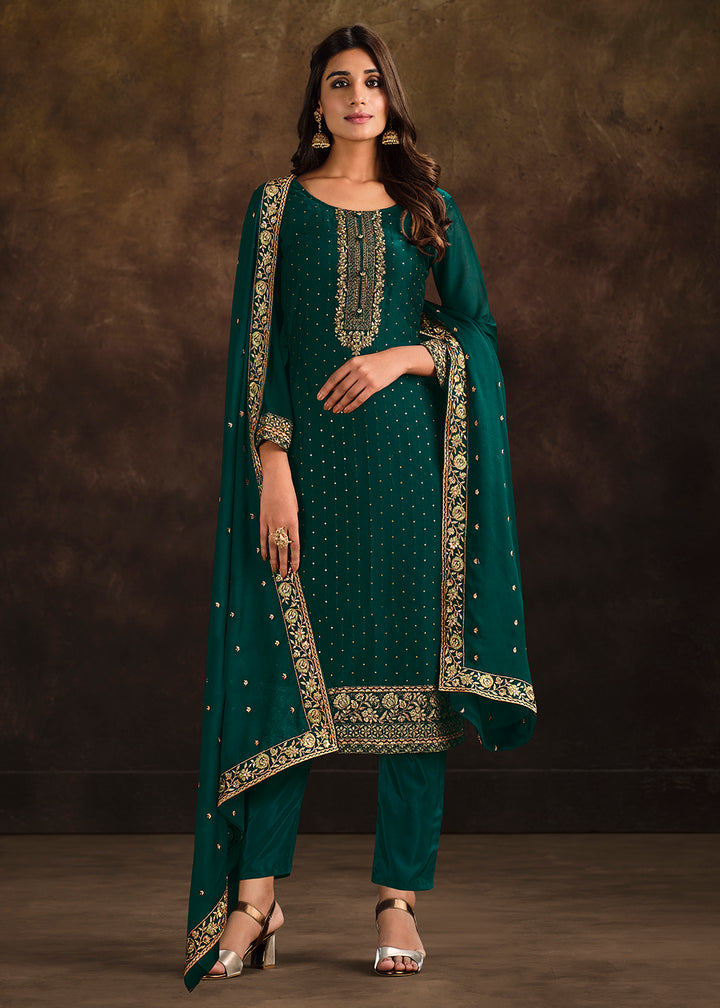 Buy Now Fancy Georgette Trendy Teal Green Pakistani Style Salwar Suit Online in USA, UK, Canada, Germany, Australia & Worldwide at Empress Clothing.