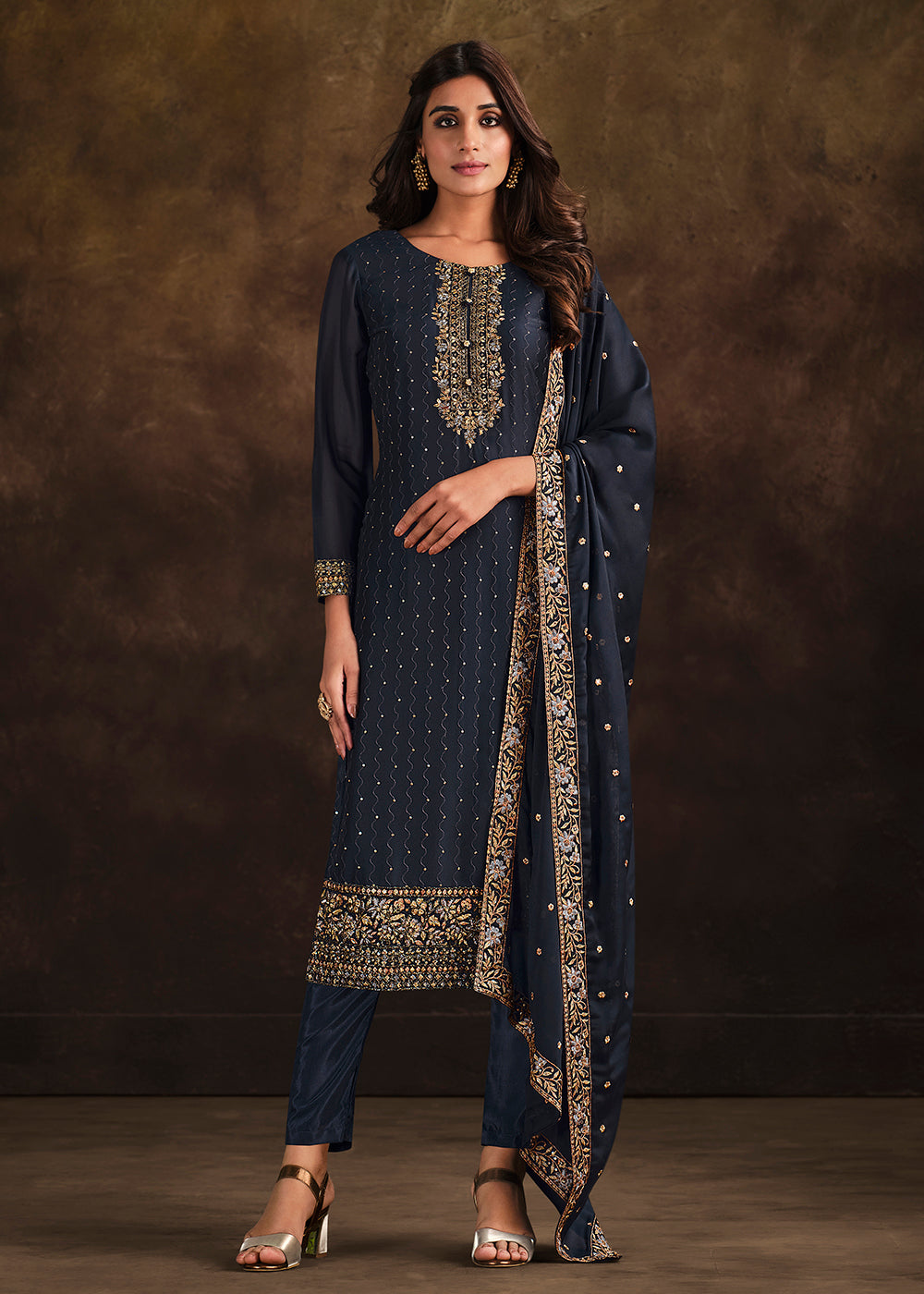Buy Now Fancy Georgette Charming Navy Blue Pakistani Style Salwar Suit Online in USA, UK, Canada, Germany, Australia & Worldwide at Empress Clothing. 