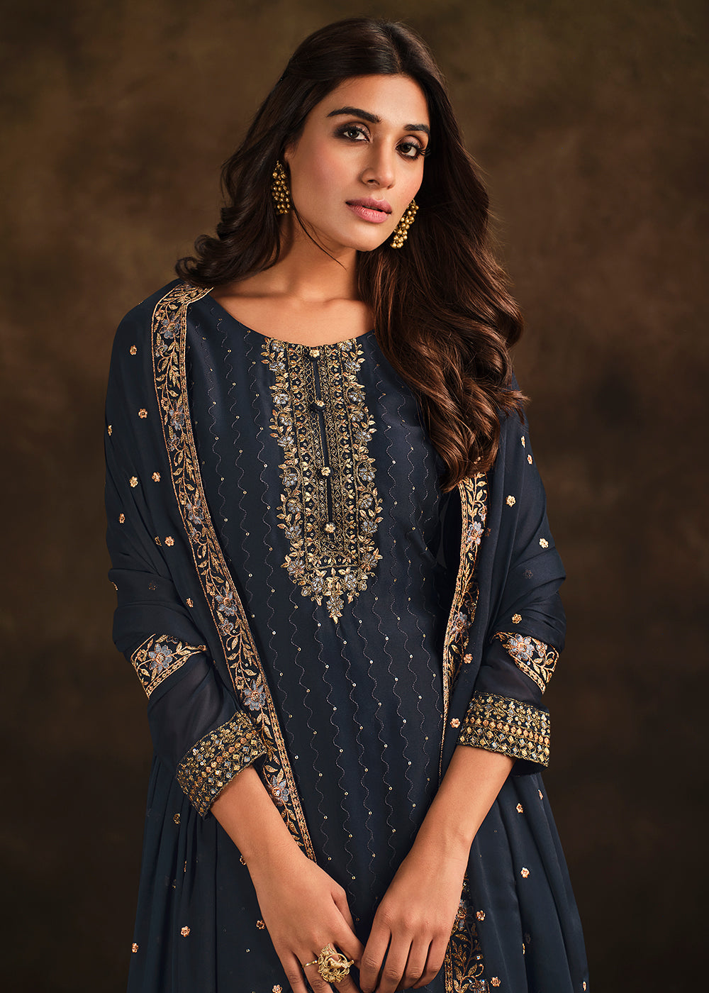 Pakistani Style Suit - Fancy Georgette Charming Navy Blue Salwar Suit Empress Clothing Pakistani Style Suit - Fancy Georgette Charming Navy Blue Salwar Suit Empress Clothing