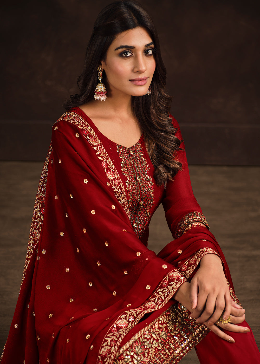 Buy Now Fancy Georgette Stunning Red Pakistani Style Salwar Suit Online in USA, UK, Canada, Germany, Australia & Worldwide at Empress Clothing.