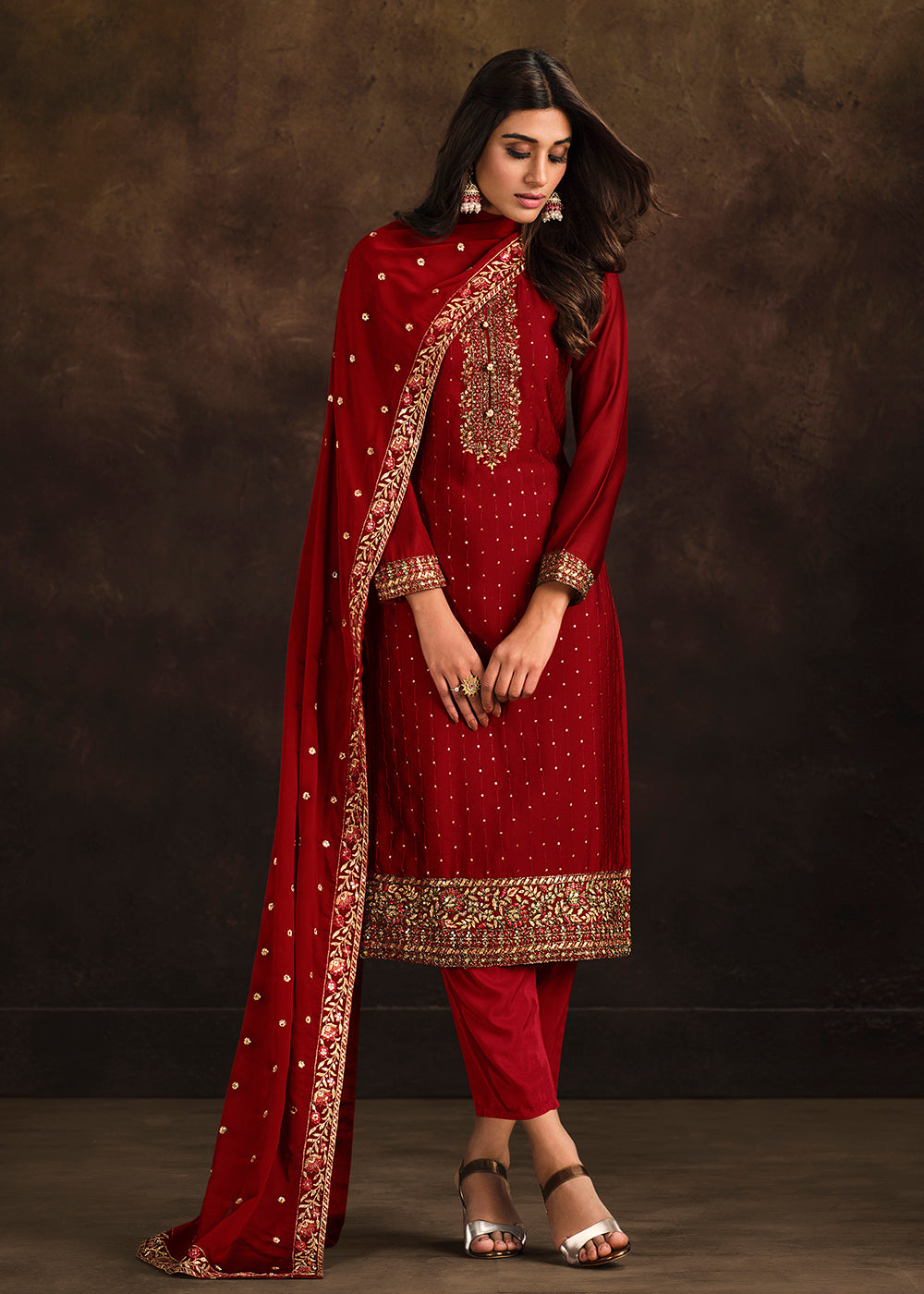 Buy Pakistani Style Suit Fancy Georgette Stunning Red Salwar
