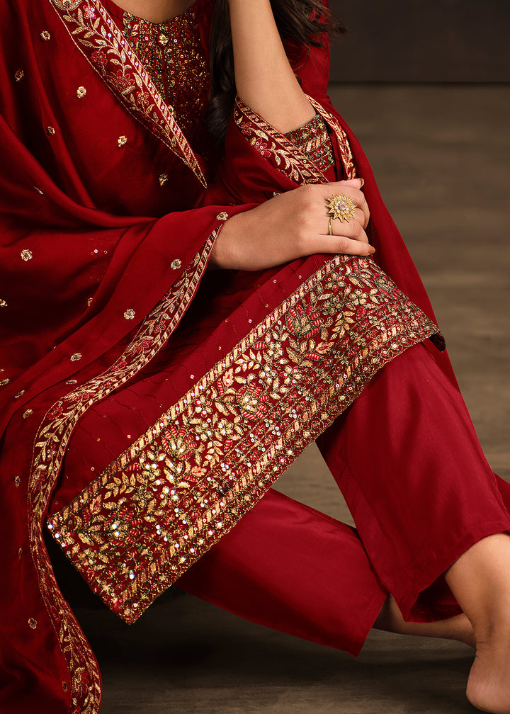 Buy Now Fancy Georgette Stunning Red Pakistani Style Salwar Suit Online in USA, UK, Canada, Germany, Australia & Worldwide at Empress Clothing.