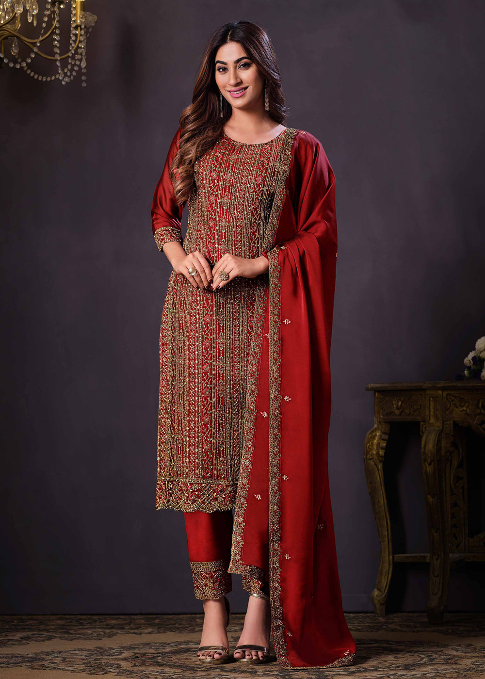 Buy Now Two Tone Cottonic Georgette Red Function Style Salwar Suit Online in USA, UK, Canada, Germany, Australia & Worldwide at Empress Clothing. 