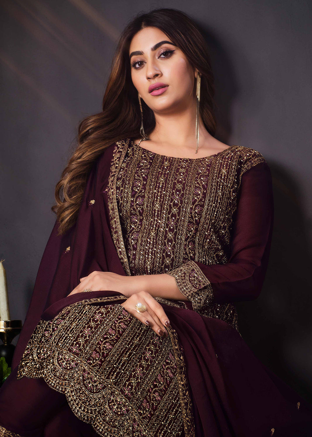 Buy Now Two Tone Cottonic Georgette Dark Plum Function Style Salwar Suit Online in USA, UK, Canada, Germany, Australia & Worldwide at Empress Clothing.