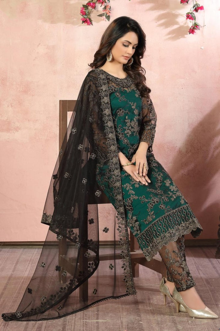Dazzling Green Embroidered Net Pant Style Suit